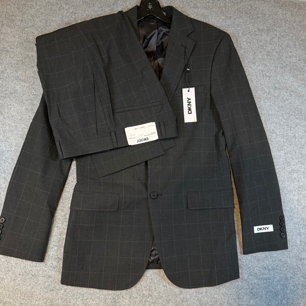 DKNY Duran Mens 2 Piece Suit Charcoal Grey Windowpane 37R 30W DNUR218W0036 NEW